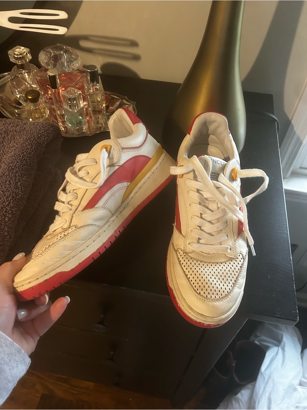 White Sneakers with Red and Yellow Accents - Low Top Casual Trainers